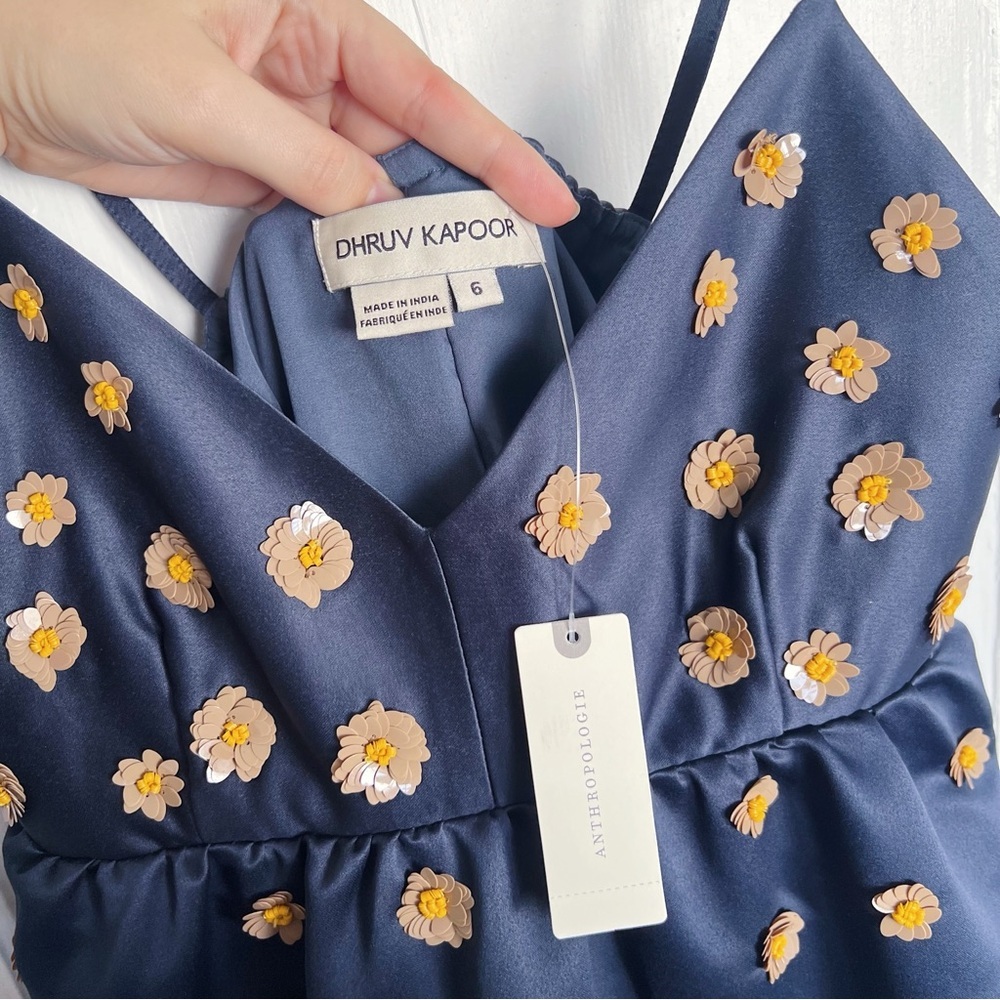Dhruv Kapoor • Anthropologie Calysta Dress navy blue satin midi sequin floral - Picture 4 of 13